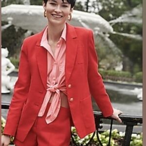 J Crew Linen Blend Button Front Lined Blazer Size 12T Bold Red Gold BR110 EUC